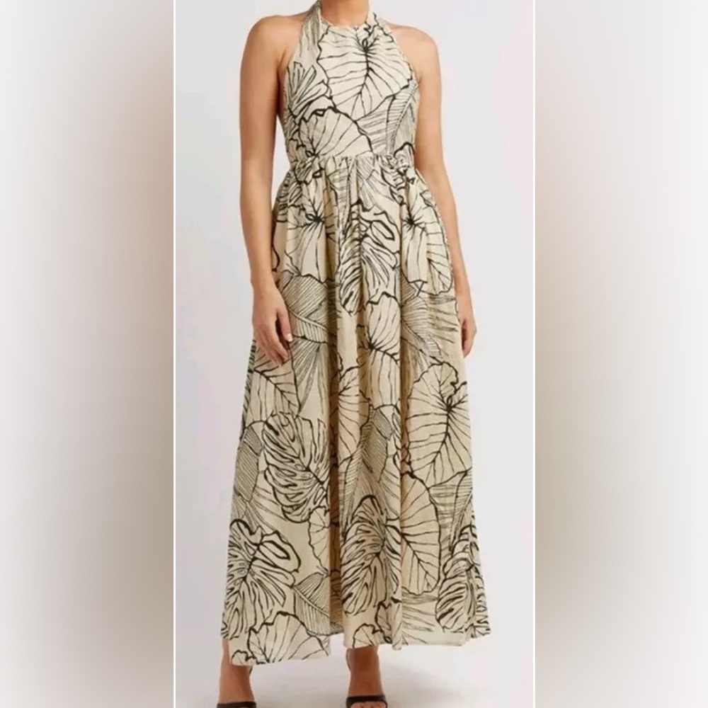 Dissh Malta Black Palm Linen Halter Maxi Dress Size AU 8 US 4 black & off white